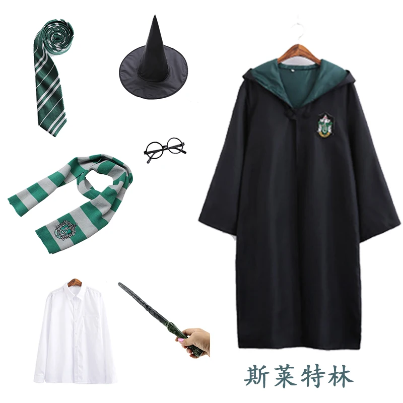 Slytherin Гарри Поттера плащ, костюм для косплея халат костюм с жакетом шарфом палочка очки Равенкло Гриффиндор, Хаффлпафф, школа Слизерин форма - Цвет: Slytherin