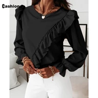 cashiona women casual t shirt gray khaki tees shirt chiffon basic tops clothing 2021 autumn ruffled shirts femme 3xl