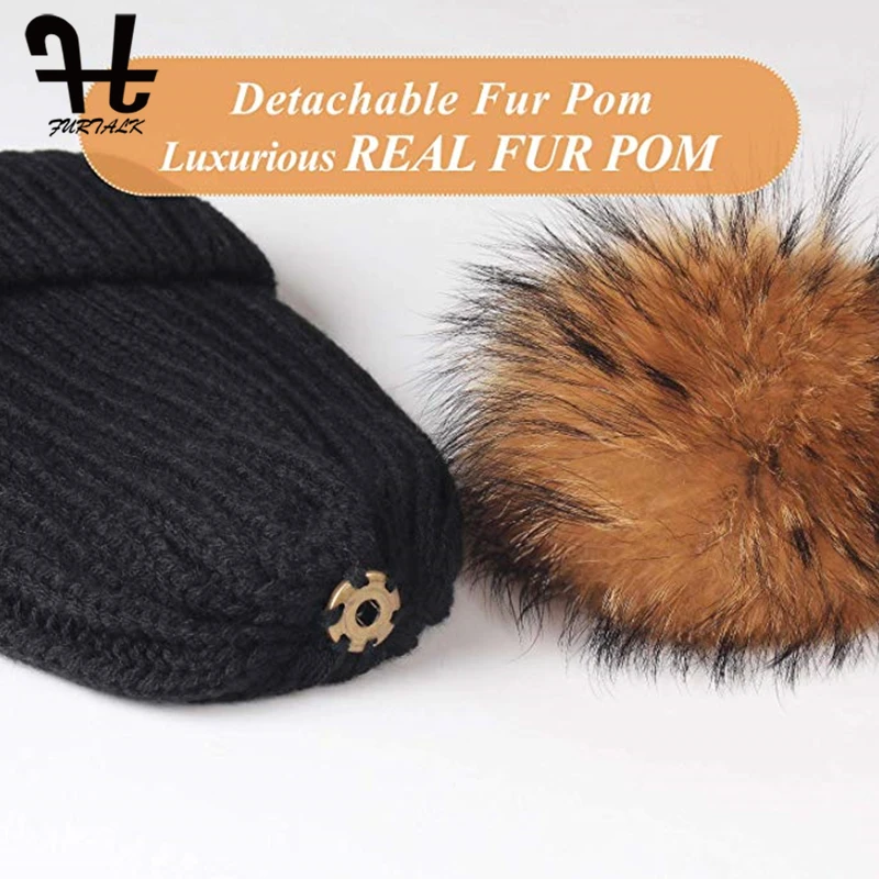 Furtalk Трикотажные Настоящее Меховая Шапка Реальная Мех Енота Пом Пом Hat Зима Женщины Hat