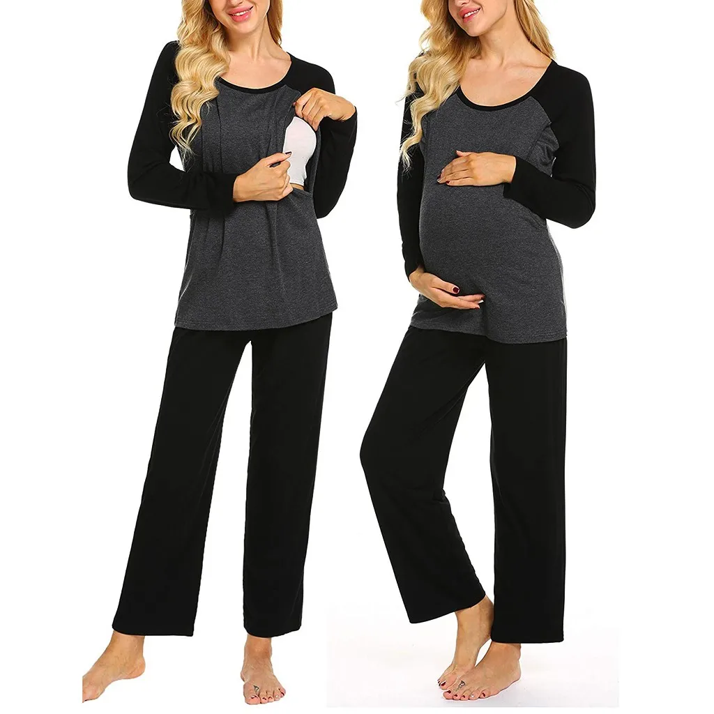 Maternity Pajamas for Hospital Set Long Sleeve Nursing Baby Tops Pants blusas de embarazada high pregnancy new A2 | Мать и ребенок
