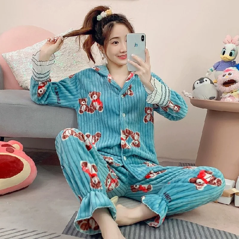 Autumn and Winter Coral Velvet Pajamas Women's Suit 2021 New Flannel Thickened Plus Velvet Warm Home Service