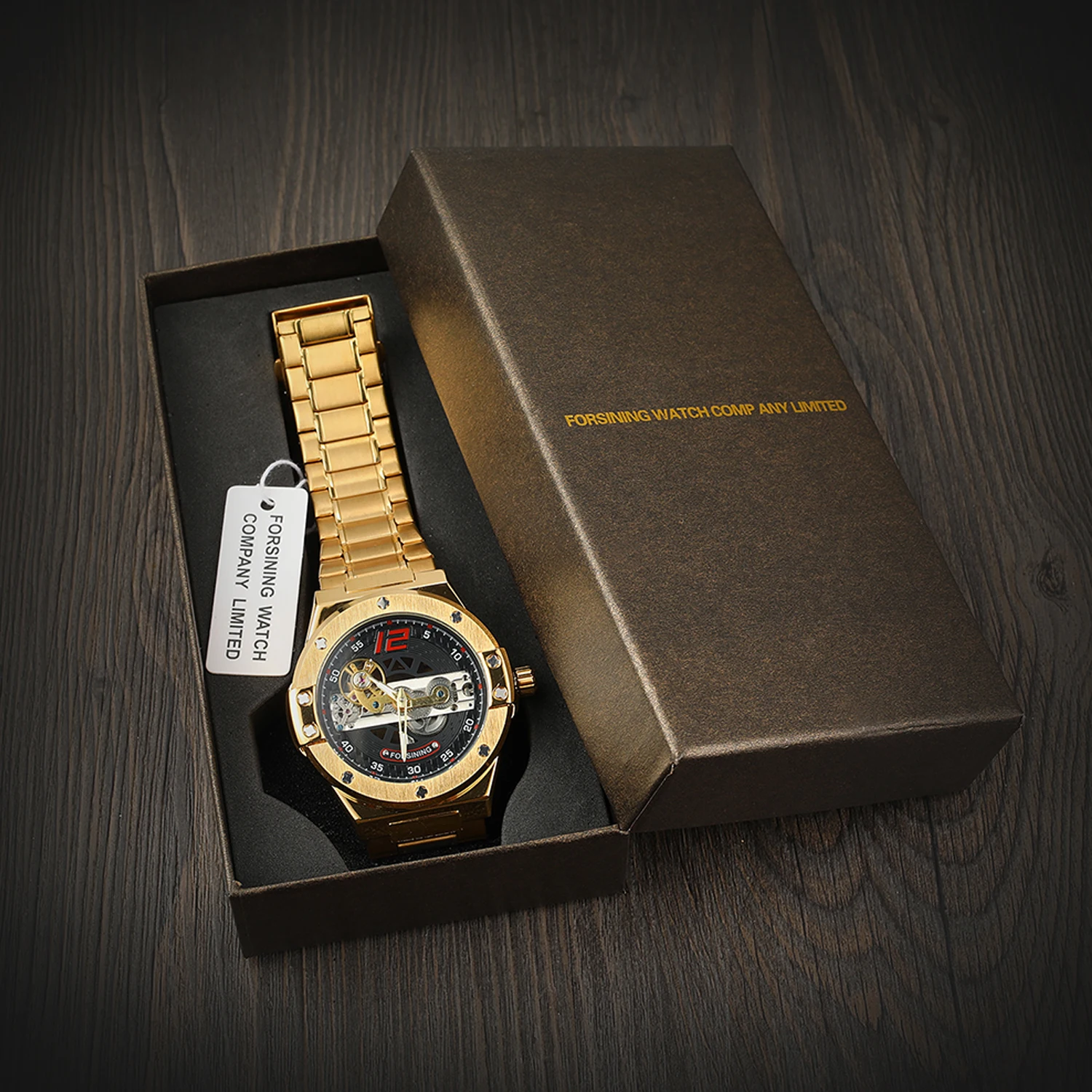 

Forsining Luxury Gold Male Mechanical Watch Automatic Tourbillon Skeleton Self Wind Calendar Moon Phase Steel Strap Mans Clock