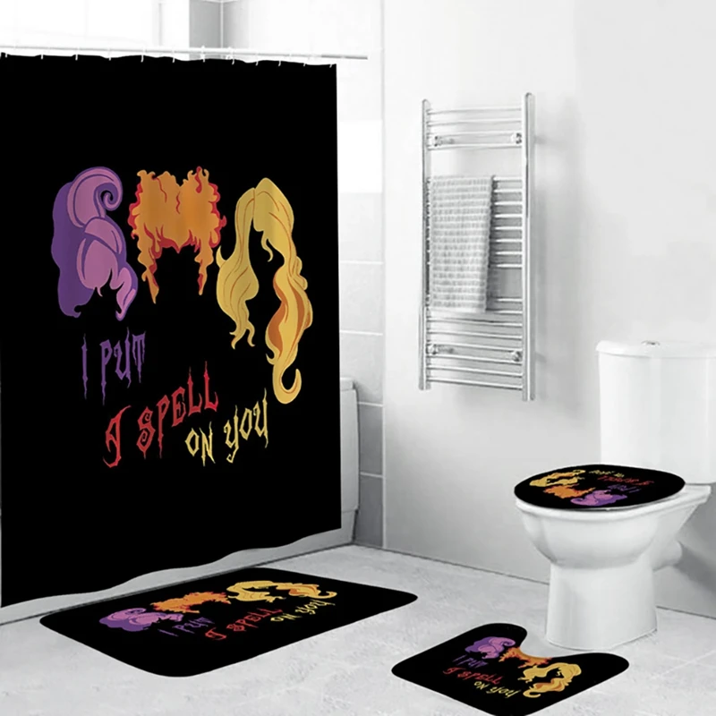 

4 Pcs Black Background Bathroom Sets Family Bathroom Decor with RugsToilet Lid Cover Bath Mat Halloween Shower Curtain