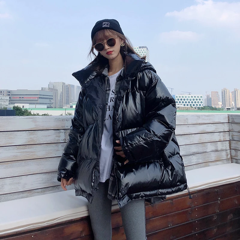 Harajuku женский негабаритный глянцевый пуховик с буквенным принтом, куртка для женщин, теплое яркое Женское зимнее пальто ярких цветов