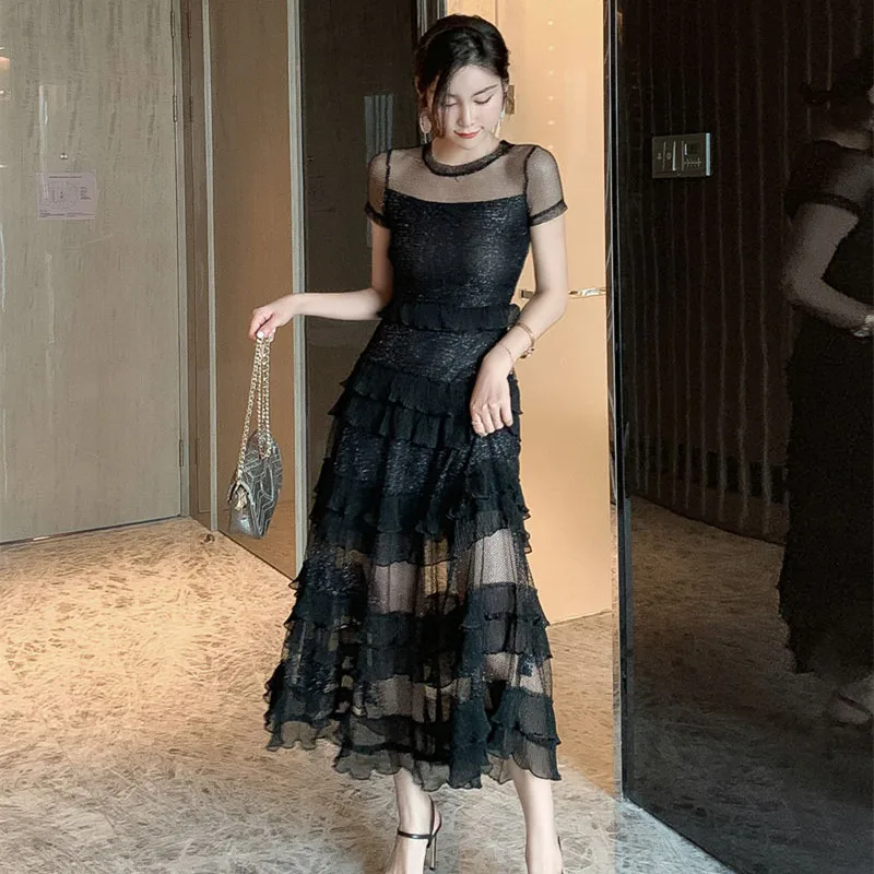 Женское Сетчатое лоскутное длинное платье с коротким рукавом женское прозрачное