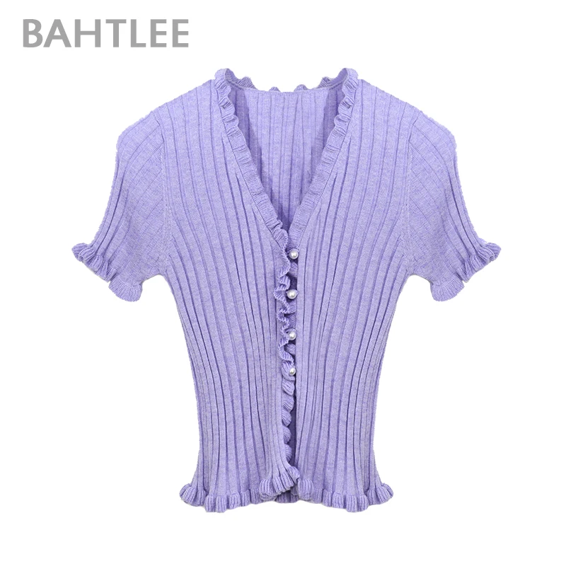 

BAHTLEE Women Tencel Cardigan Striped Knitted Singel Breasted Short Sleeveles Pearl Button V-Neck Sweaters High Elastic
