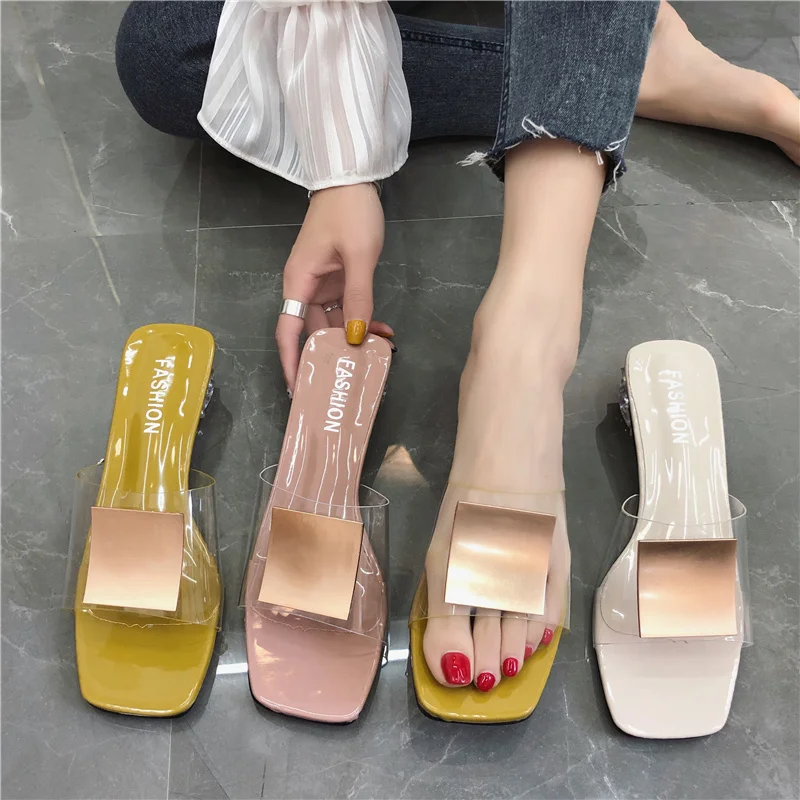 Summer Clear Transparent Slippers Mules Slides Women Metal Buckle Square Low Heel Sandals Peep Toe Ladies Sexy Shoes Mujer 2020 | Обувь