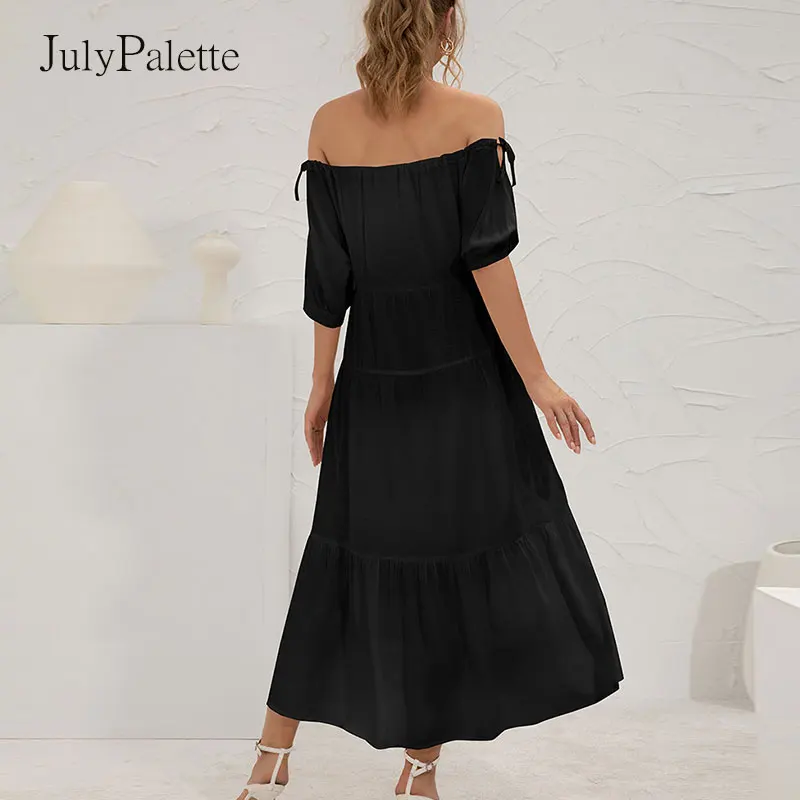 

Julypalette Holiday Short-sleeved Women Dress Summer A-line Loose Midi Dress White One Shoulder Highwaist Female Vestidos 2021