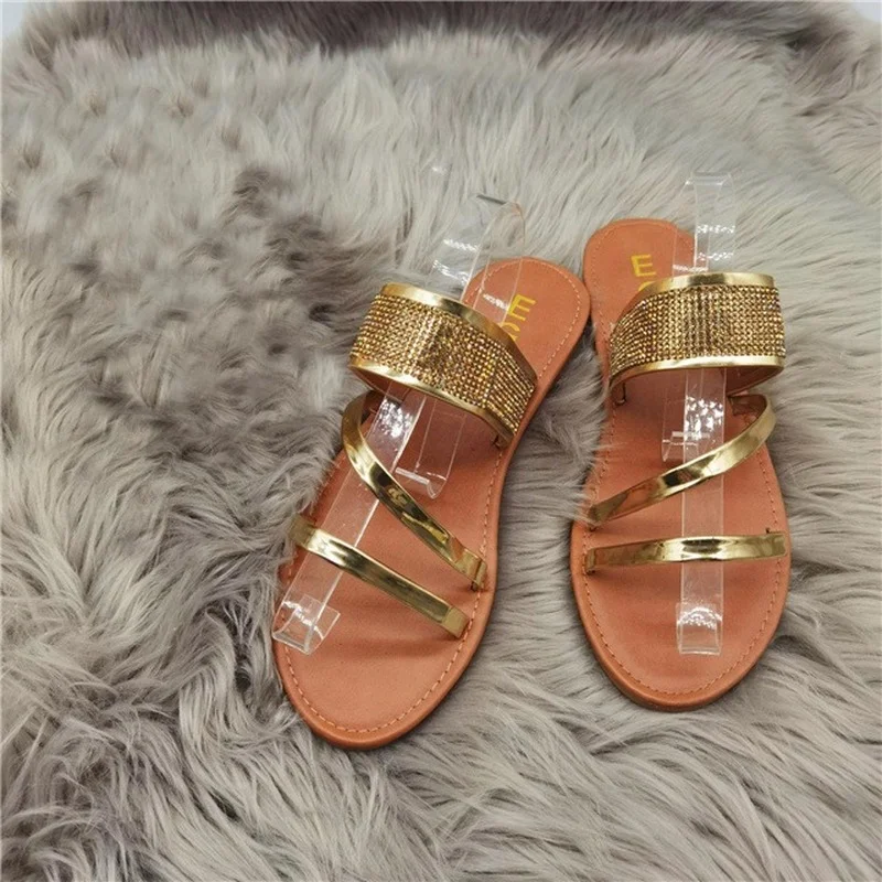 

LEMAI New Summer Golden Strap Flashing Diamond Slippers All-match Fashion Flat Sandals Comfortable Beach Holiday Women Shoes