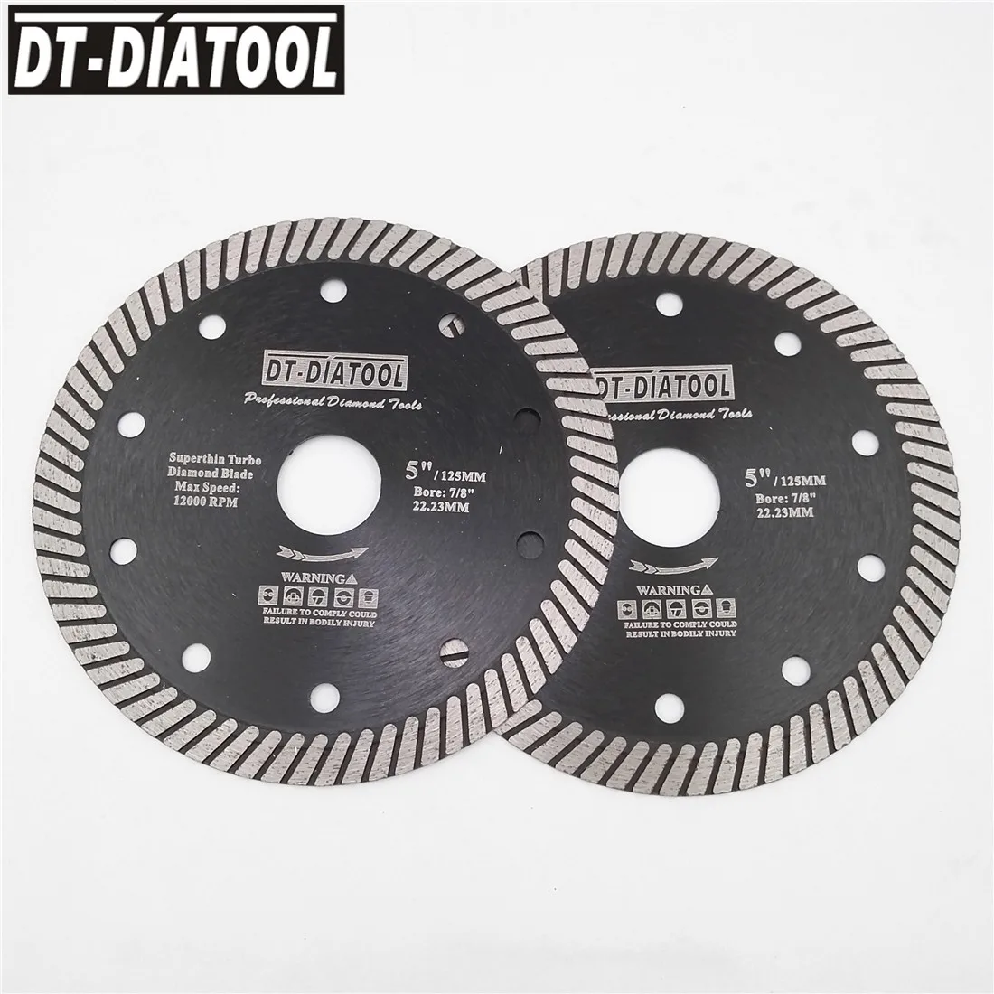 

DT-DIATOOL 2pcs 5 Inches Diamond Hot Pressed Super Thin Turbo Saw Blades Bore 22.23mm Cutting Disc for Tile Marble Granite