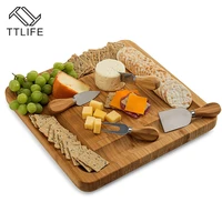 ttlife new square wood color cheese board set bamboo slide out drawer serving platter for cheese fruit vegetable kitchen storage