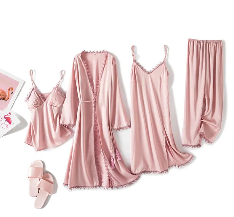 

Silk 4 Pieces Nightwear Pyjama Women Pajamas Sets Satin Sleepwear Spaghetti Strap Sleep Lounge Pijama With Chest Pads