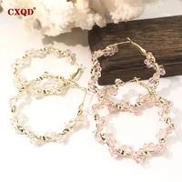cxqd 1 pair fashion 50mm big round loop circle earring new design glass bead gold color flower cut loop earrings