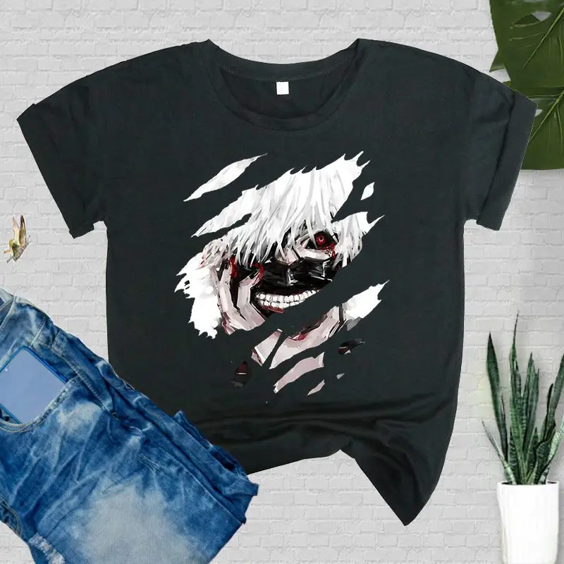 

Токийский Гуль Аниме Манга Готическая футболка Kaneki Ken милые свободные хлопковые женские футболки с героями мультфильмов Готическая женска...