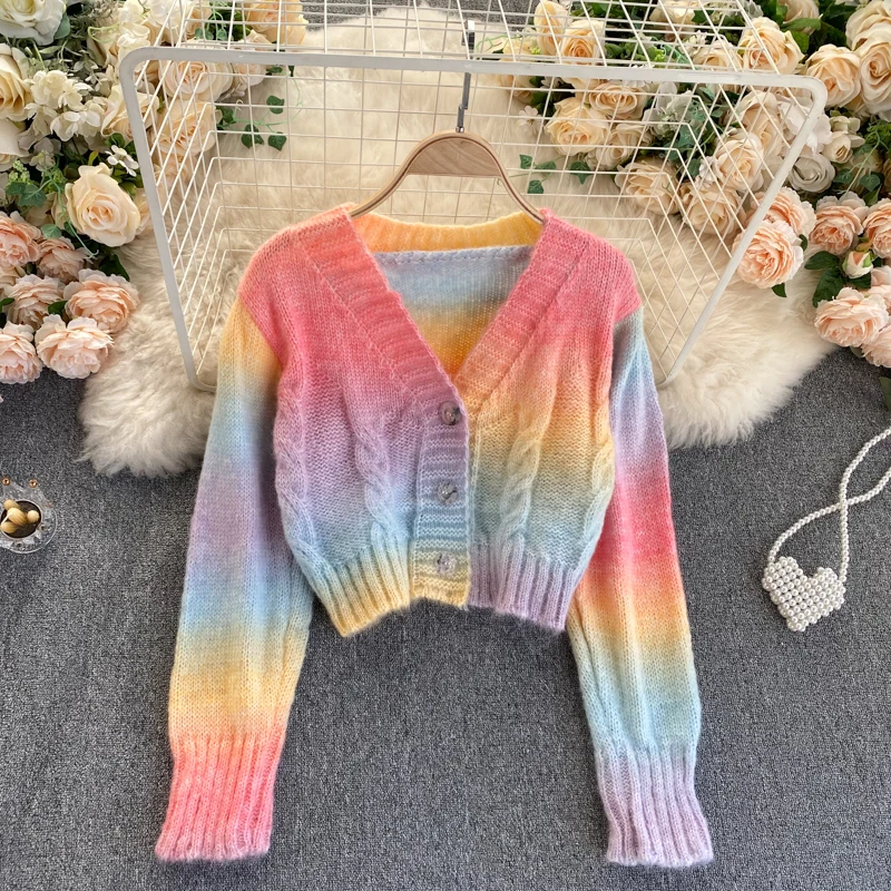 

2021 Autumn Winter New Korean Gentle Wind Jacket Women Short All-match Rainbow Striped Knitted Cardigan Sweater UK462