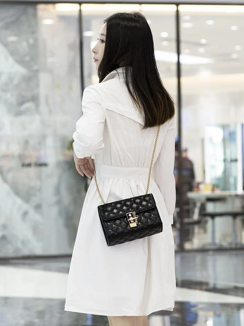 

202 new fashion casual leather handbags checkered diamond chain bag women's one-shoulder diagonal handbag
