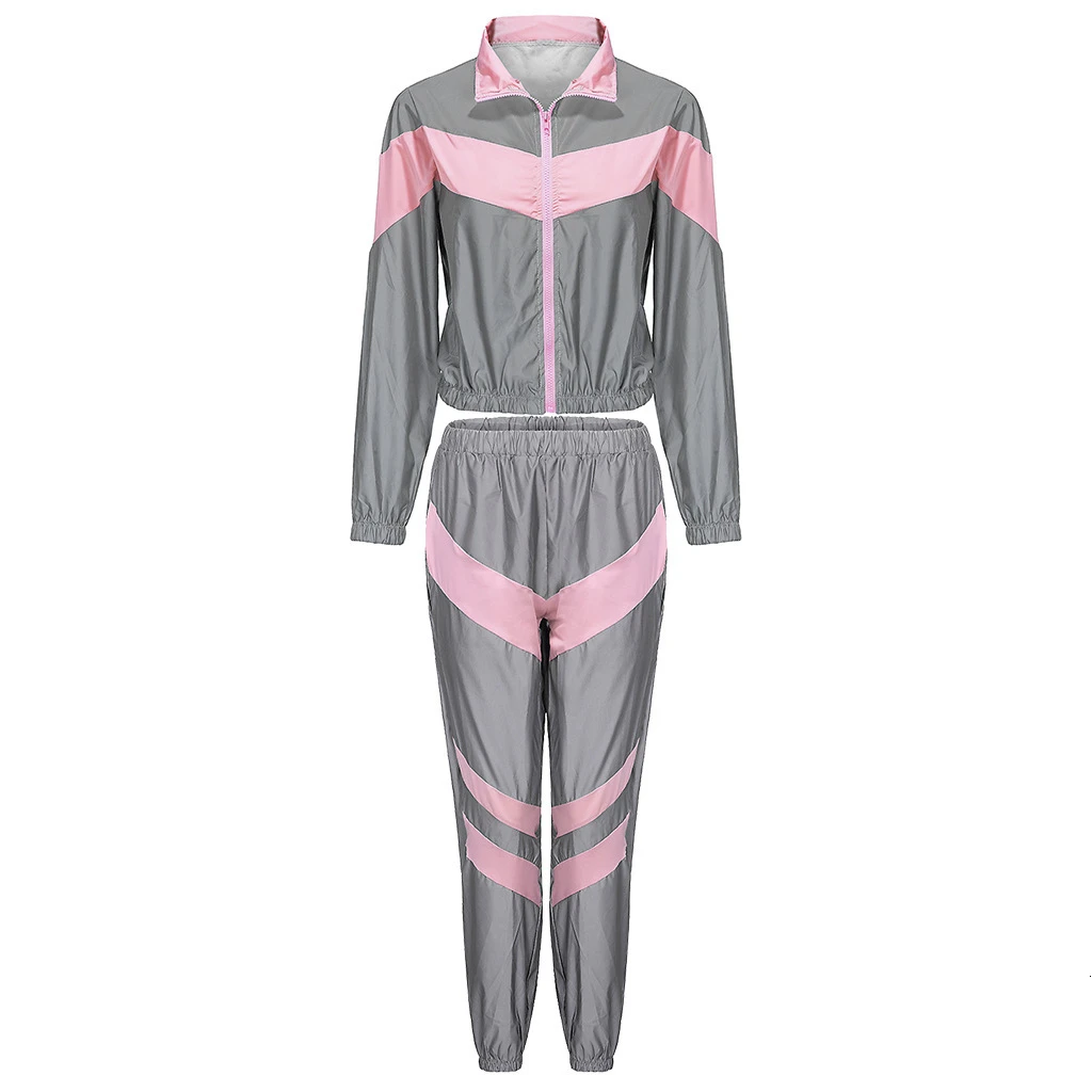 pink suit Женский спортивный костюм, комплект из 2 предметов, светоотражающий укороченный топ на молнии, штаны, ветровка, модная женская Свободная светящаяся куртка, пальто, брюки размера плюс - Цвет: pink suit