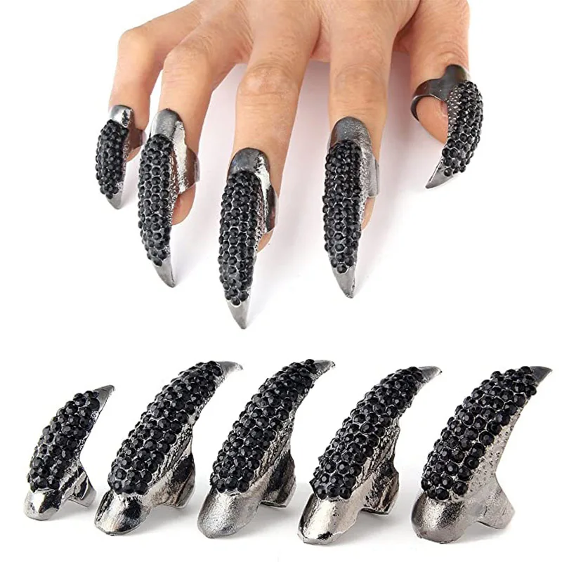 Halloween Costume Paw Fake Nail Black Knuckle Rings Set Gothic Punk Full Finger Metal Cover Fingertip Claw Rings Fake Nails