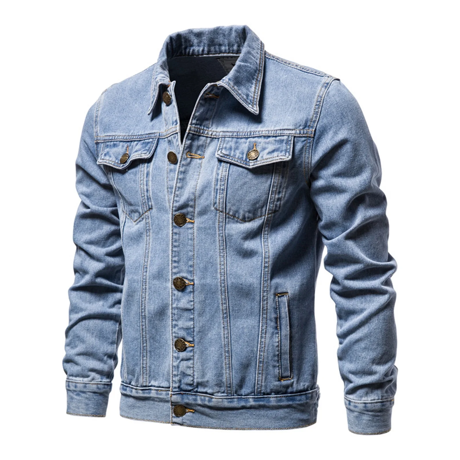 

Мужская однобортная джинсовая куртка, синяя Повседневная однотонная куртка из 2021 хлопка с отложным воротником, приталенный силуэт, для осе...