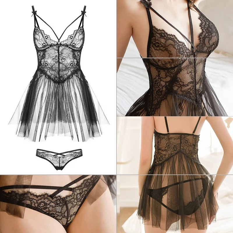 

Black White Flower Lace V-neck Sexy Lace Suspender Nightdress Female Mesh Transparent Fairy Pettiskirt Women's Babydoll Lenceria