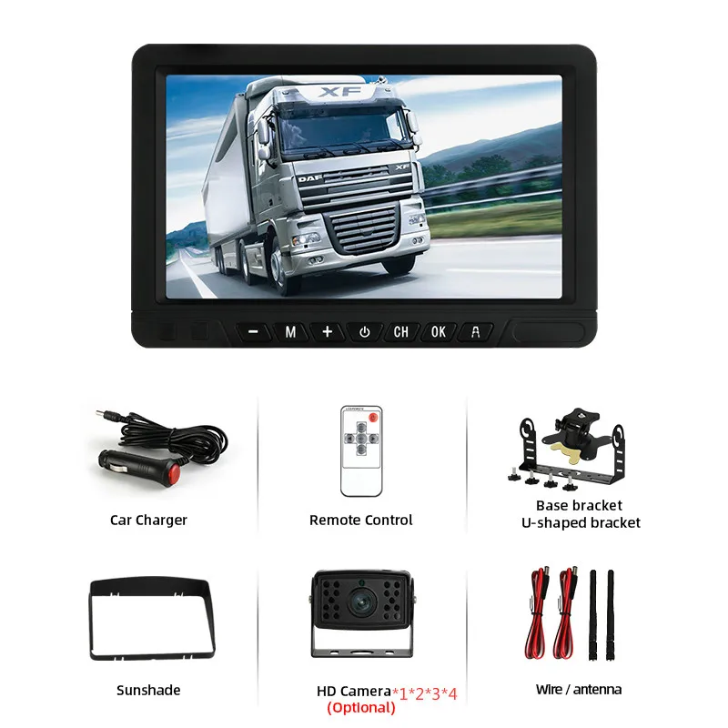 

Truck DVR 7" IPS 4-Channel split screen monitor Front 1080P rear 720P infrared HD night vision camera Digital Wireless Recorder