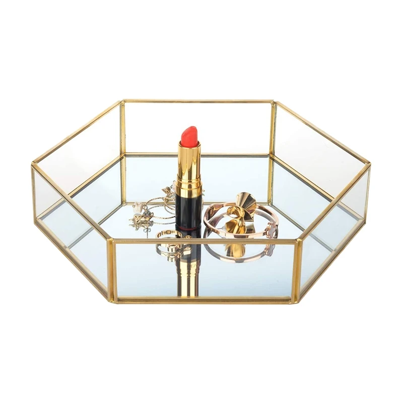 Стеклянный поднос для ювелирных украшений с золотым ободком прозрачная шкатулка