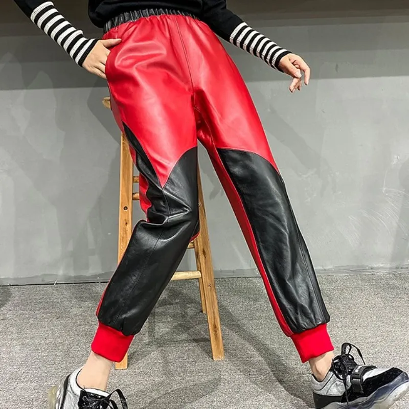 

Autumn 2021 New Women Colors Mixed Natural Sheepskin Sweatpants Loose Hip Hop Elastic Waist Joggers Genuine Leather Harem Pants