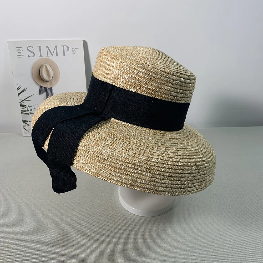 Шляпа Соломенная женская широкополая с черно-белой лентой кружевная защитой от