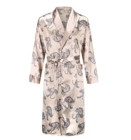 champagne tiger robe Шелковая ночная рубашка мужская летняя тонкий купальный халат Тигр Ночная рубашка свободная Свадебная robesilky с длинным рукавом Sleeprobe размера плюс домашняя одежда - Цвет: champagne tiger robe