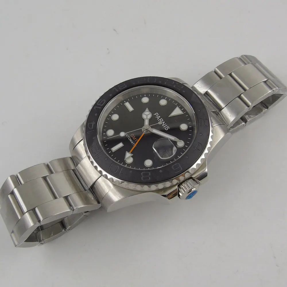Новое поступление 40 мм завод Parnis черный циферблат ДАТА GMT сапфировое стекло