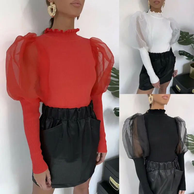 Женская Весенняя сетчатая пышная трикотажная рубашка в рубчик с длинным рукавом