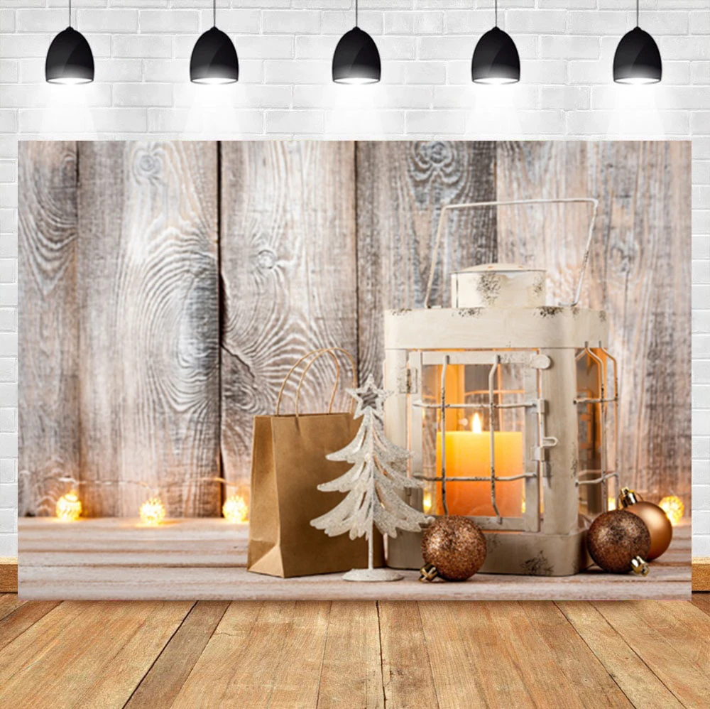 

Laeacco Christmas Vintage Wooden Board Photo Background Candles Tree Balls Lanterns Photographic Photo Backdrop For Photo Studio