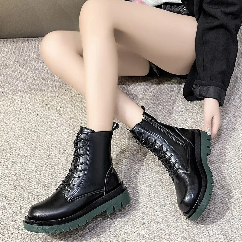 Women's 2022 Fall Fashion Black Leather Platform Gothic Punk Fighting Shoes Round Toe Botines De Mujer Sexy