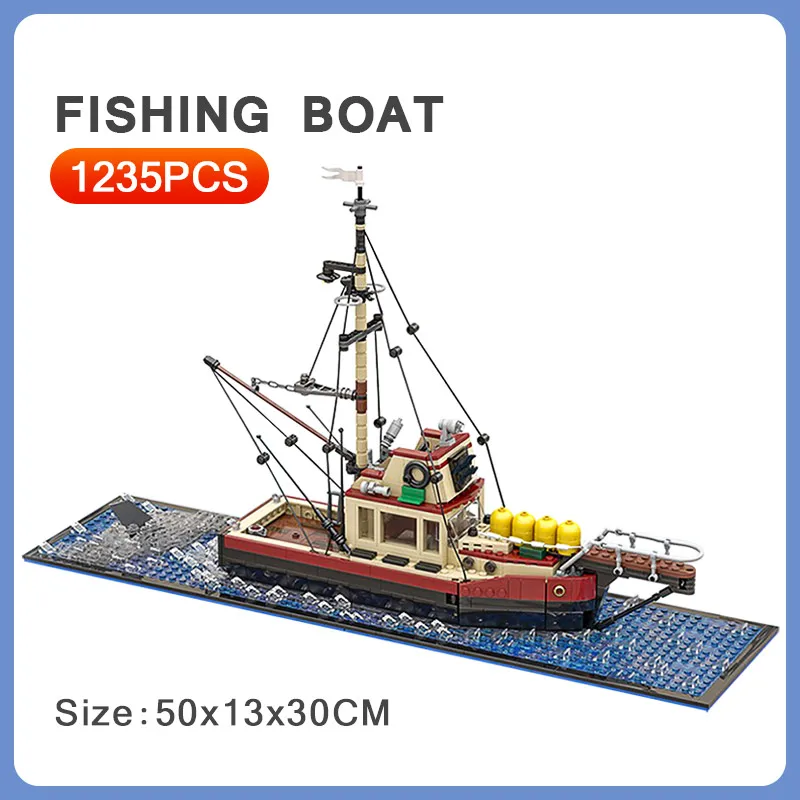 

Kids DIY Fishing Boat Model Building Blocks MOC The Orca Jawsed Ship City Vessel Bricks Educational toys for Children Xmas Gifts