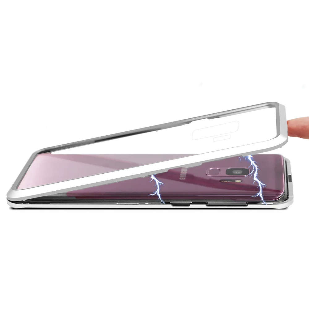 Серебристый Закаленное двустороннее стекло чехол для телефона samsung Note 8 S7edge S8 S8P S9 S9P Note9 металлическая рамка Магнитный чехол для телефона - Цвет: Серебристый
