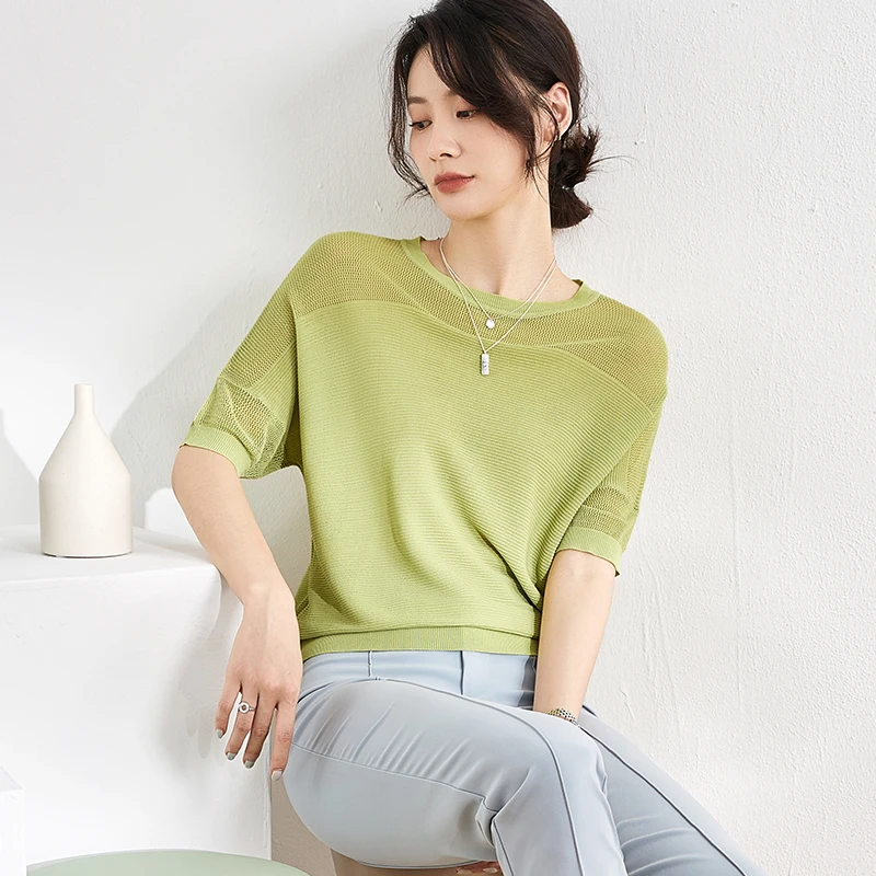 Женский вязаный Топ тонкая офисная кофта с круглым вырезом свободный ажурный