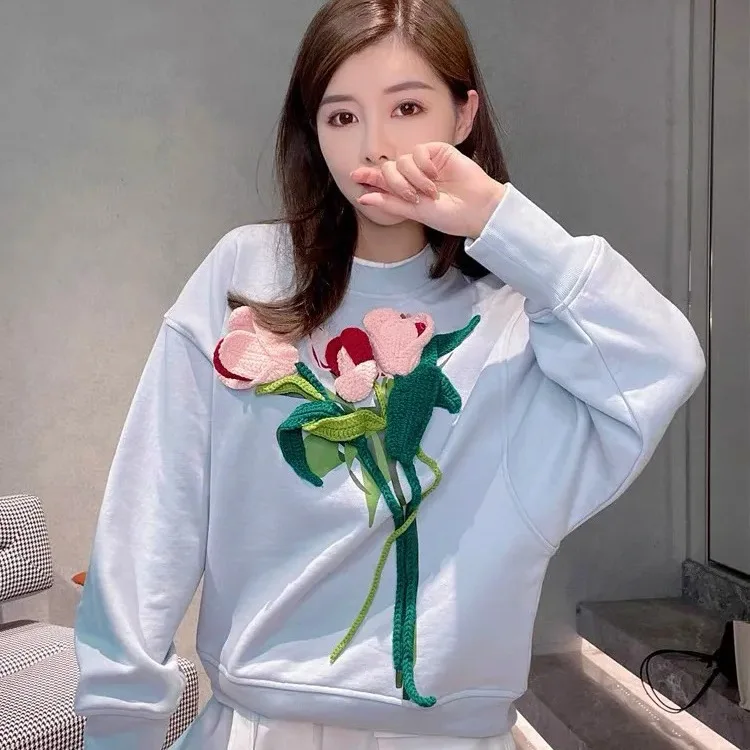 

Autumn three-dimensional tulip design sense women's autumn new loose lazy style women's cotton sweater