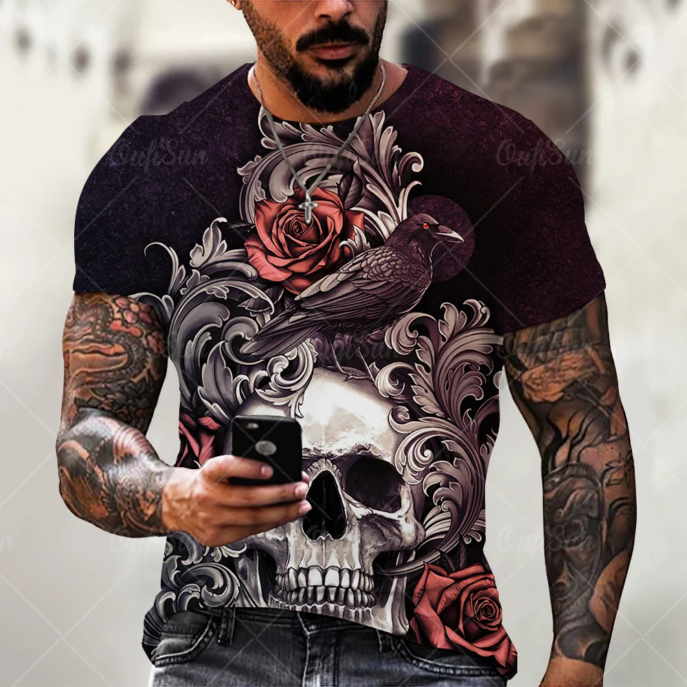 

Мужская футболка с 3D-принтом черепа, летняя уличная одежда, популярные футболки с круглым вырезом и коротким рукавом, мужская одежда