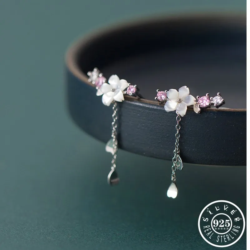

925 Sterling Silver Flower Shape Shell Earings Trendy Pink Cubic Zirconia Tassel Dangle Drop Earrings for Women
