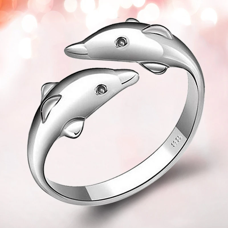 Women's Fashion Double Happy Dolphins Finger Rings Simple Style Smooth Opening Ring Band Romantic Wedding Ring Jewelry Gifts
