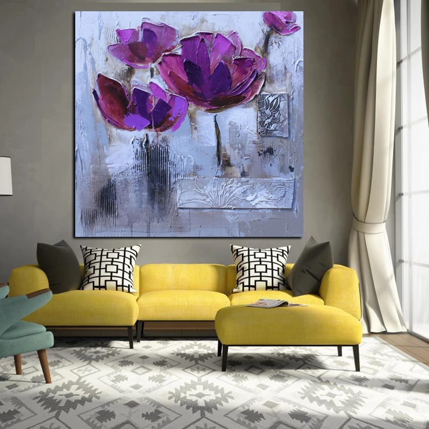 Дешевле прекрасный Фиолетовый цветок ручной работы картина маслом на холсте
