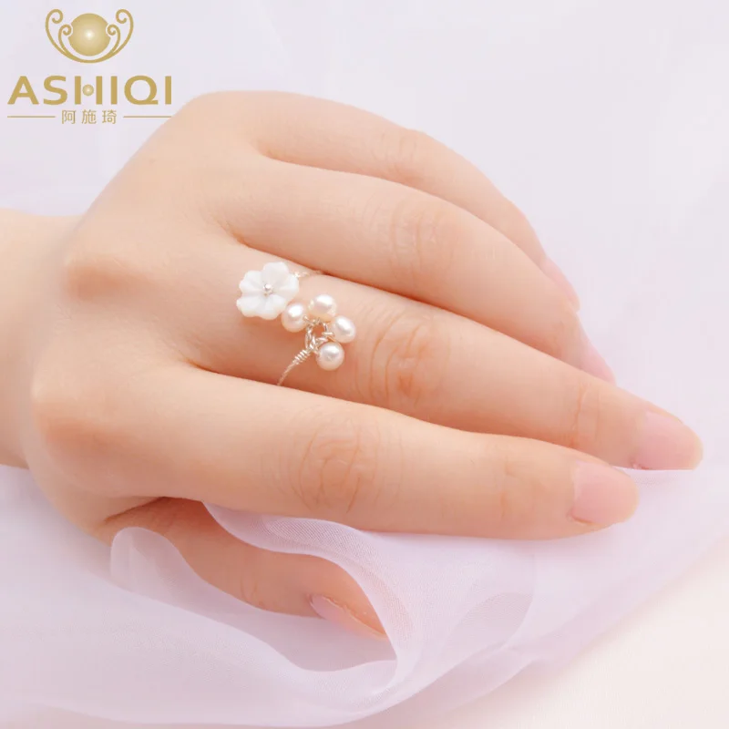 

ASHIQI Natural Freshwater Pearl 925 Sterling Silver Ring Fashion Natural shell Flowers Handmade jewelry for women
