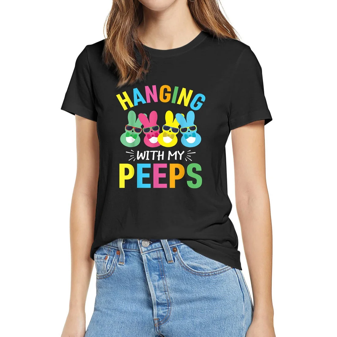 Unisex  Hangin With My Peeps Cute Bunny Easter Family Gift Women's 100% Cotton Short Sleeves Novelty T-Shirt Soft Tops Tee Shirt