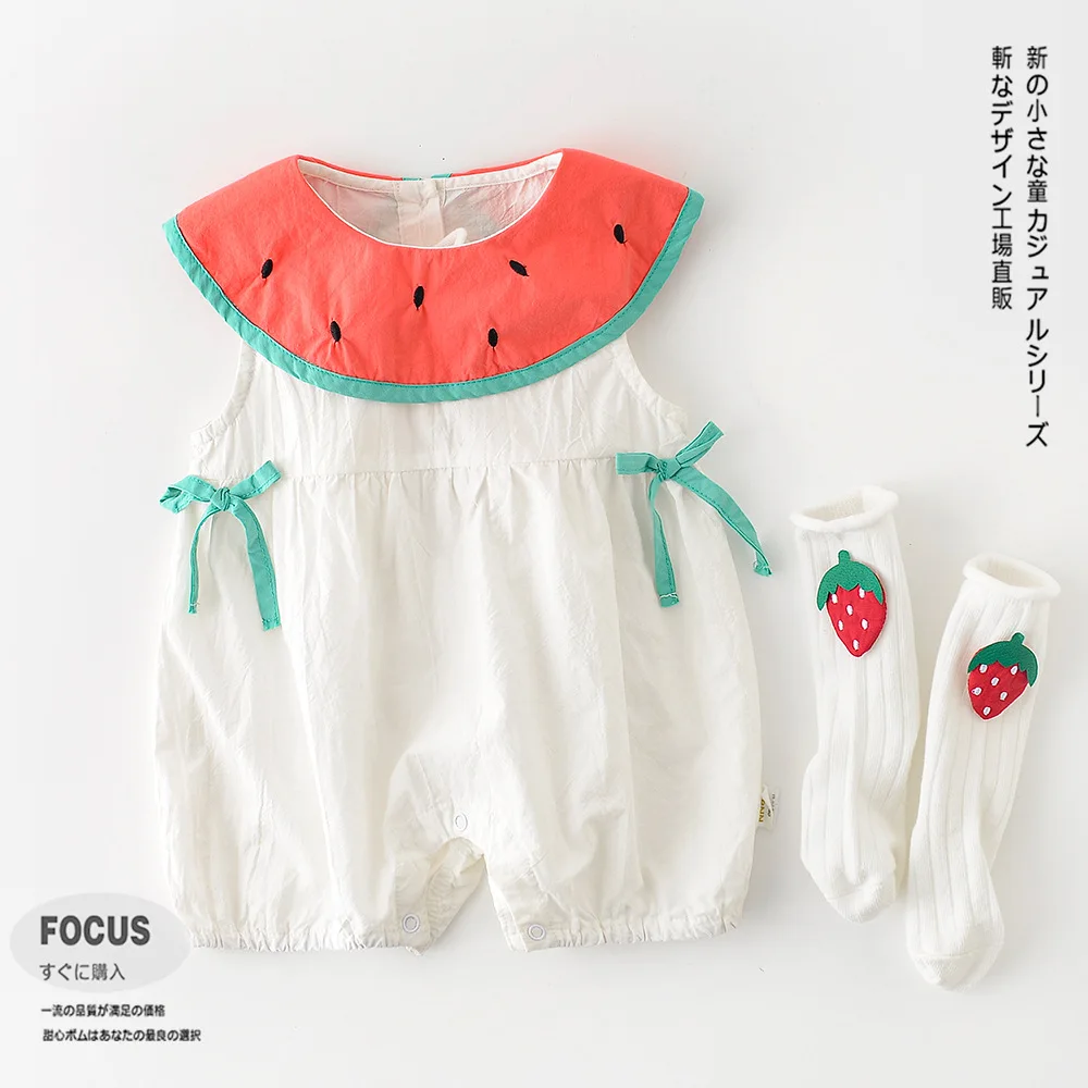 

toddler summer rompers 100% cotton Cartoon watermelon shape lapel white loose boys girls romper baby rompers
