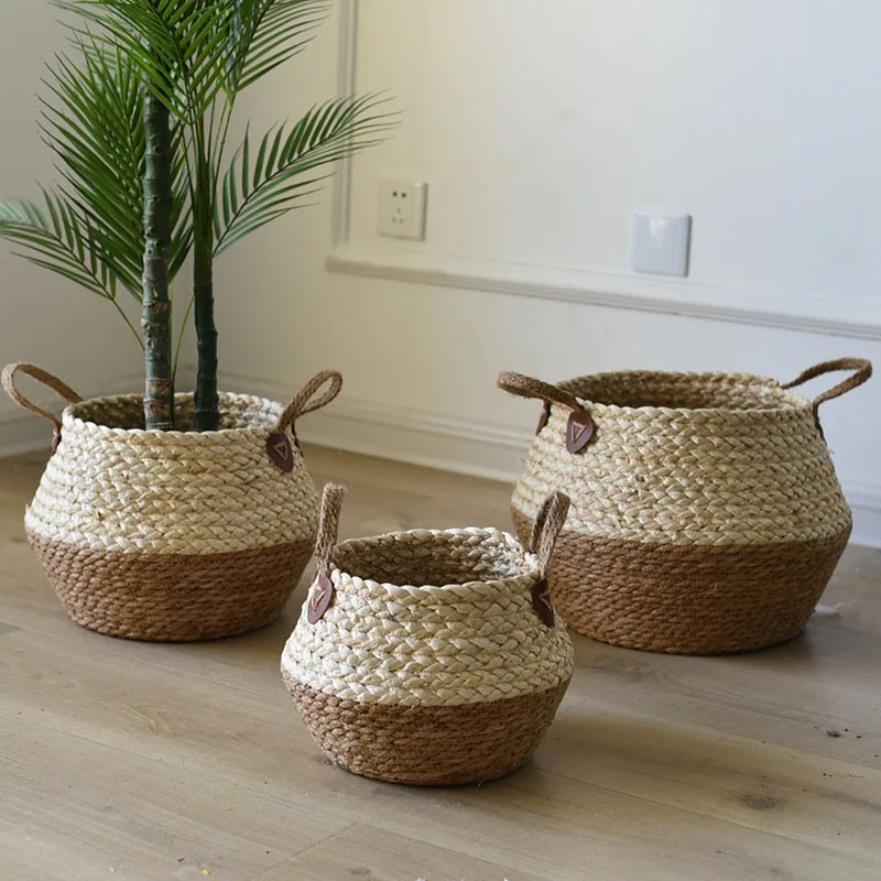 

Seagrass Basket Hand Woven Belly Basket with Handle Large Storage Laundry Picnic Plant Flower Pot Cover Woven Straw Bag Foldable