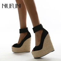 females peep toe rattan weave wedges womens sandals size 42 zip ankle strap hollow sandals roman gladiator sexy ladies shoes