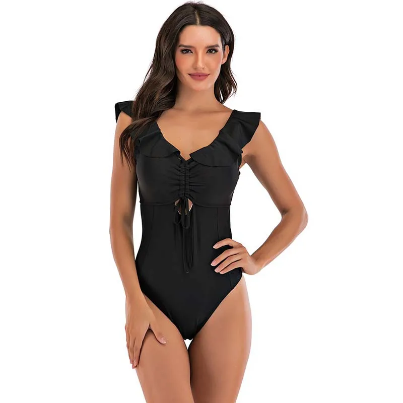 MUOLUX Ruffle 2020 спортивный черный однотонный купальник с глубоким вырезом Цельный