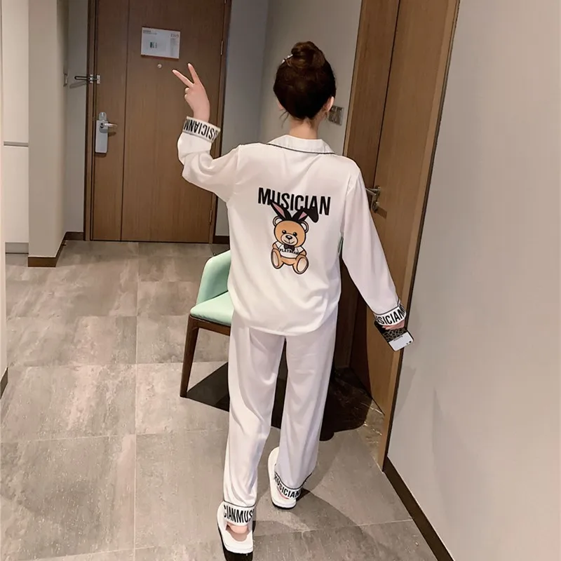 

2020 autumn Cartoon Pajamas women satin night suits sleep tops Sleepwear silk night wear women set pijama kawaii luxury pajama