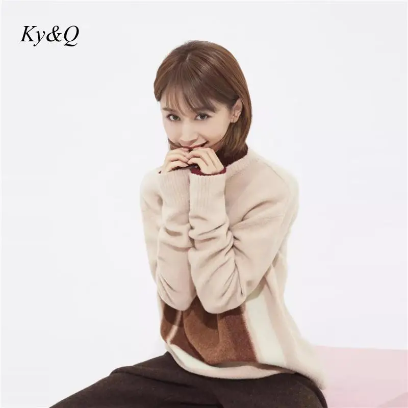 2019 Fall Winter Fashion Sweet Office Pink Geometric Pattern Jacquard Pullover O-neck Sweater Knit Women Long-sleeved Clothes | Женская