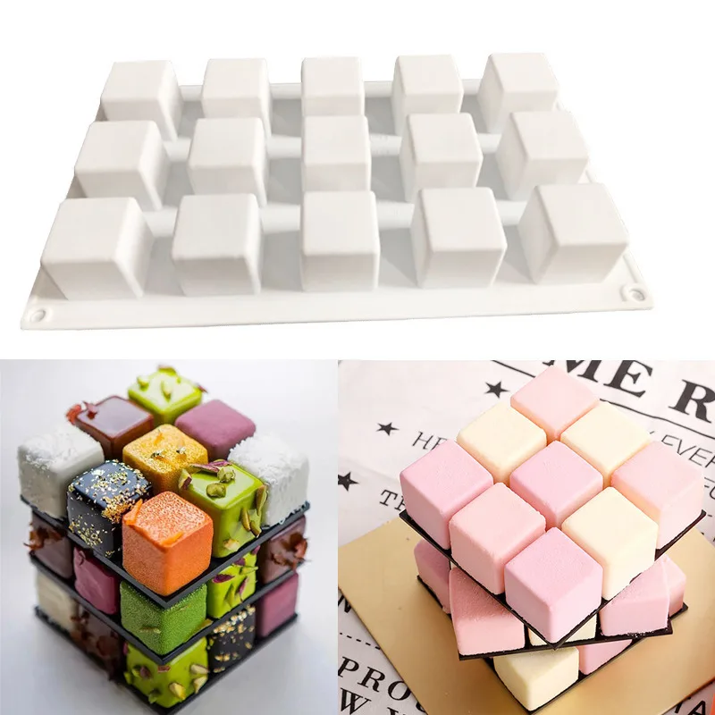 

Silicone Baking Molds Square Mold 3D Cube Silicone Mousse Cake Dessert Molds 15-Cavity for Chocolate Pastry Truffle